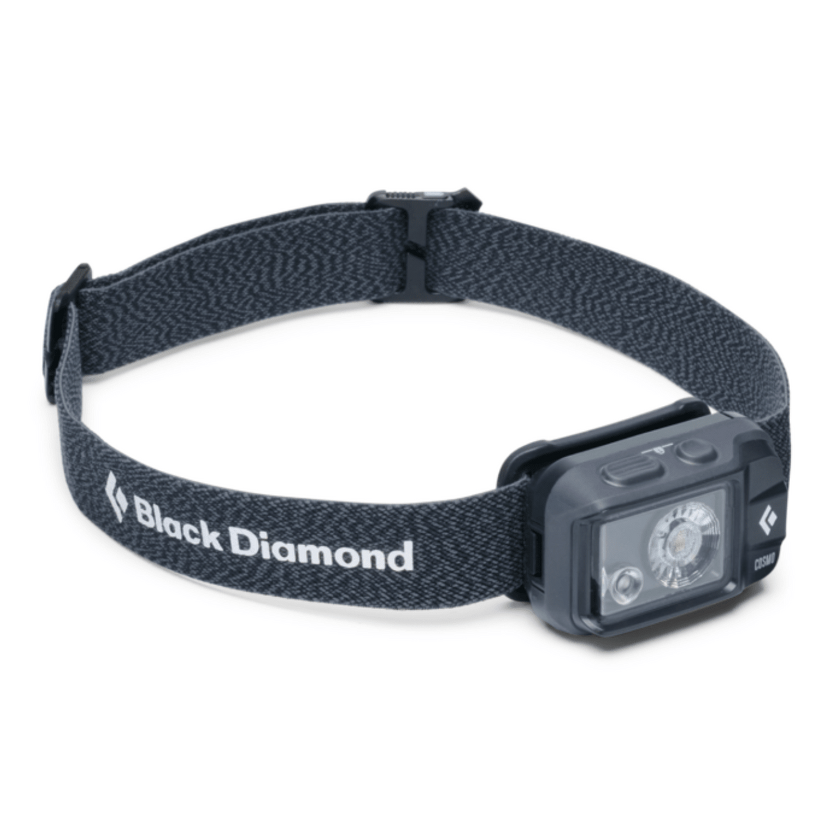 Black Diamond Cosmo 350 in Dunkelgrau – Lampe mit Stirnband, schräg von vorne