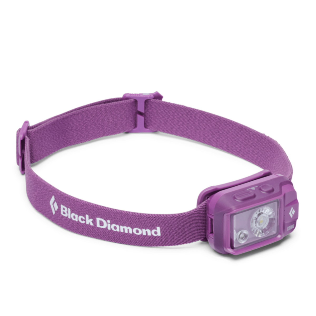 Black Diamond Cosmo 350 in Lila – Lampe mit Stirnband, schräg von vorne