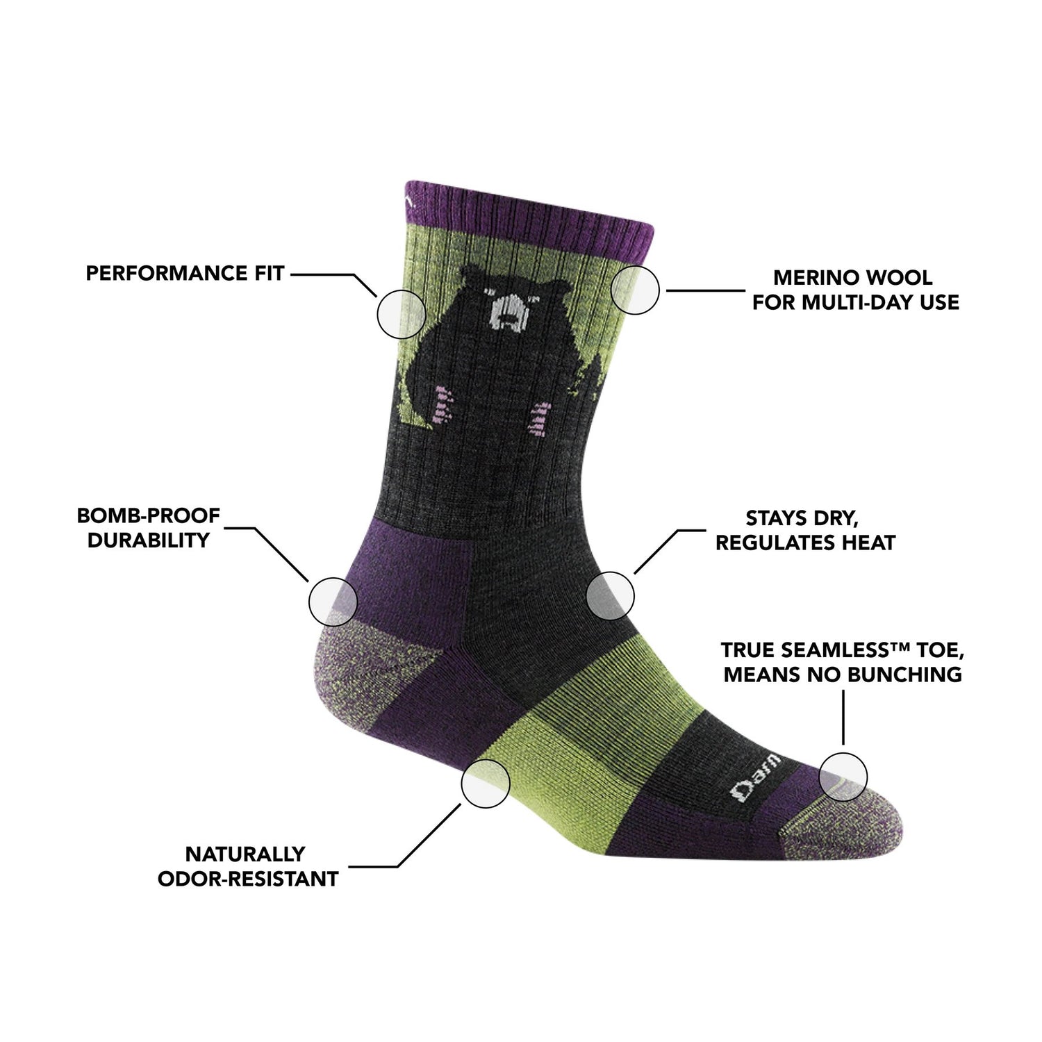 Darn Tough | 1970 Bear Town | Micro Crew | Lightweight | Cushion | Dames | Wandelsokken | Trail.nl