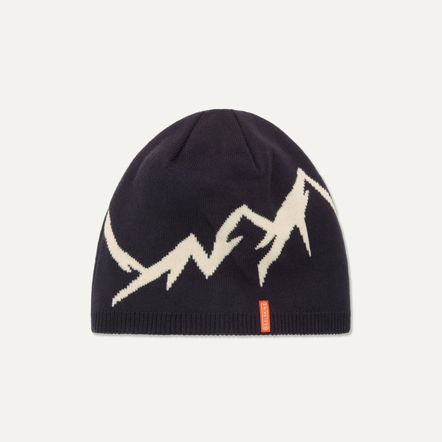 Sealskinz Stoke Wasserdichte Mütze in Navy – Vorderansicht mit Bergmotiv